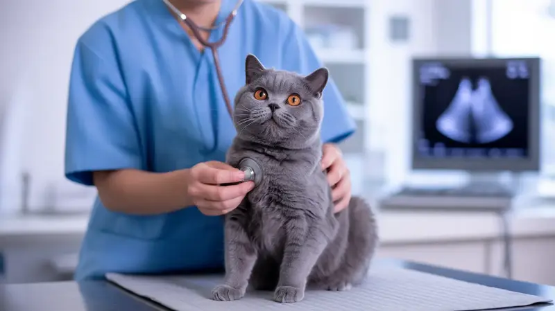 Veterinary ultrasound examination of a gray British Shorthair cat